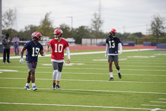 At Memphis Express practice, Troy Cook talks with Ryan Timmons