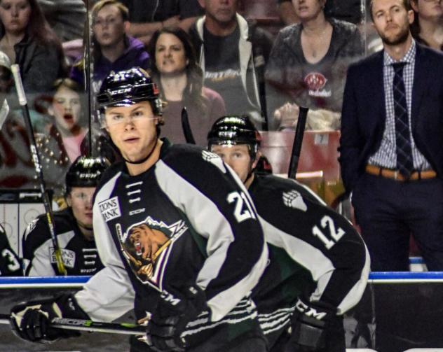 Utah Grizzlies forwards Austin Carroll (21) and Cole Ully