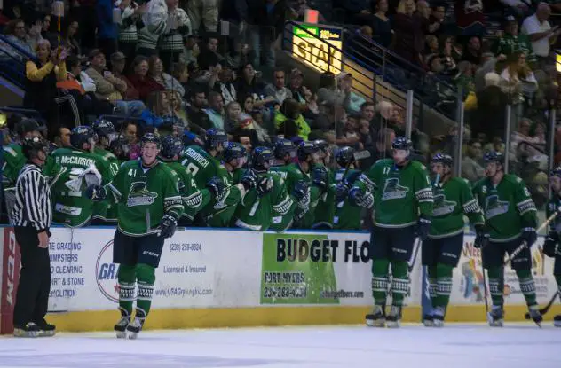 Florida Everblades line up for fist bumps