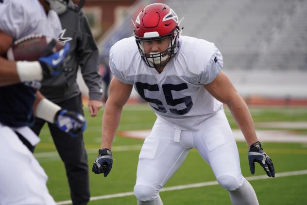 Davis Tull eyes a ballcarrier at Memphis Express practice