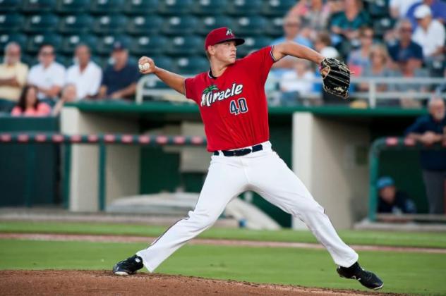 Tyler Wells pitching for the Fort Myers Miracle
