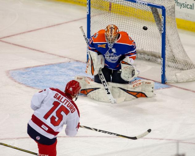 Allen Americans forward Dante Salituro scores against the Wichita Thunder