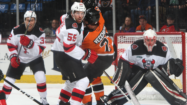 Binghamton Devils defenseman John Ramage (55) and the Binghamton defense takes on the Lehigh Valley Phantoms