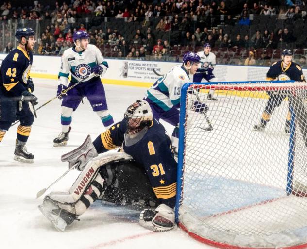 Norfolk Admirals goaltender Merrick Madsen scrambles against the Orlando Solar Bears