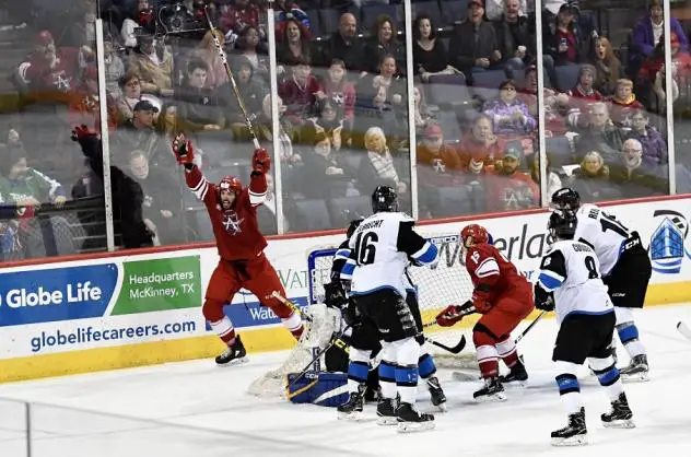 Allen Americans forward Zach Pochiro celebrates his fourth goal against the Wichita Thunder