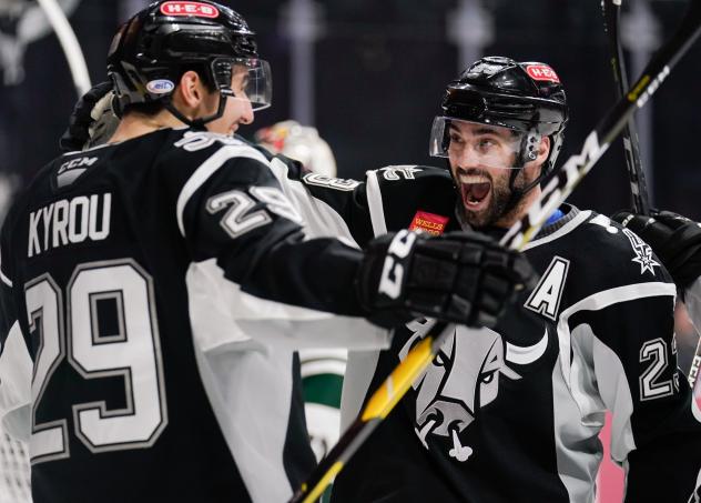 Trevor Smith (right) celebrates Jordan Kyrou's second period goal in a San Antonio Rampage win