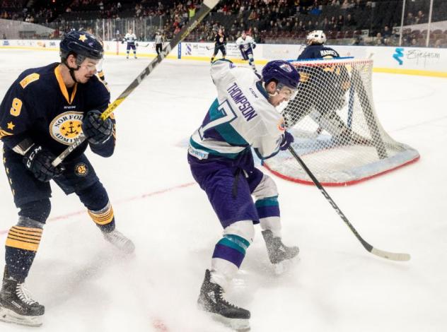 Norfolk Admirals defenseman Chase Harrison (left) vs. the Orlando Solar Bears