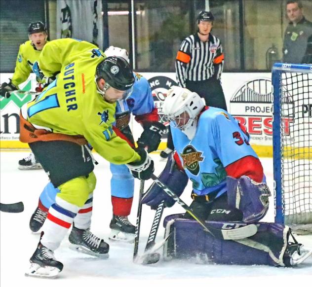 Alec Butcher of the Wheeling Nailers shoots against Indy Fuel