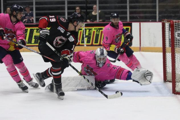 Macon Mayhem goaltender Ian Sylves tries to stop a Birmingham Bulls shot