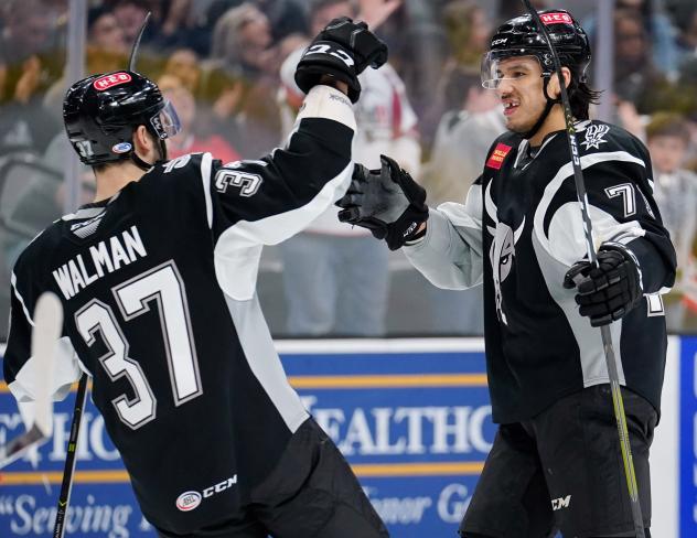 Jake Walman and Jordan Nolan of the San Antonio Rampage celebrate Nolan's first goal of the night