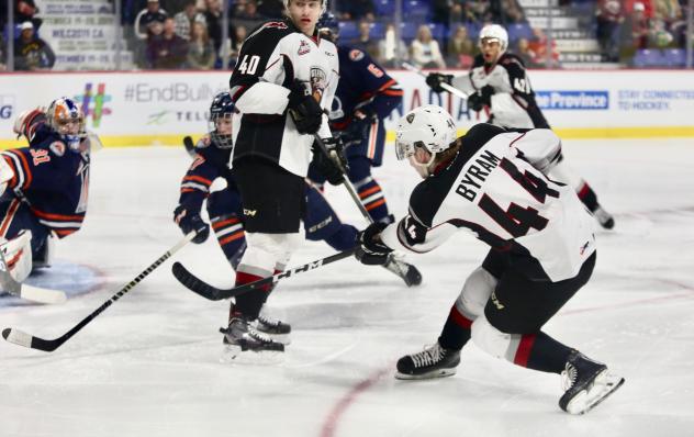 Bowen Byram of the Vancouver Giants scores against the Kamloops Blazers