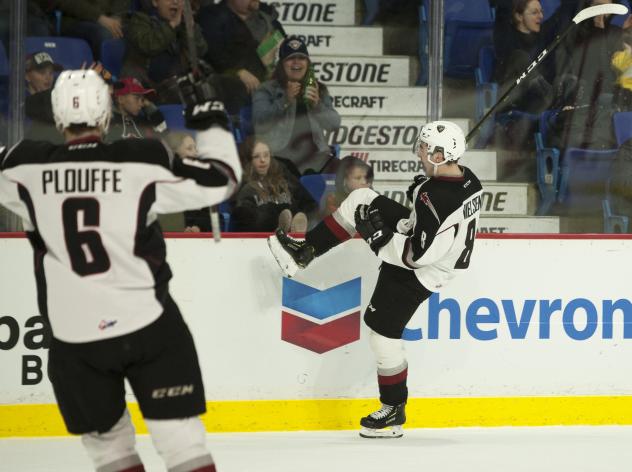 Vancouver Giants forward Tristen Nielsen celebrates a goal vs. the Victoria Royals