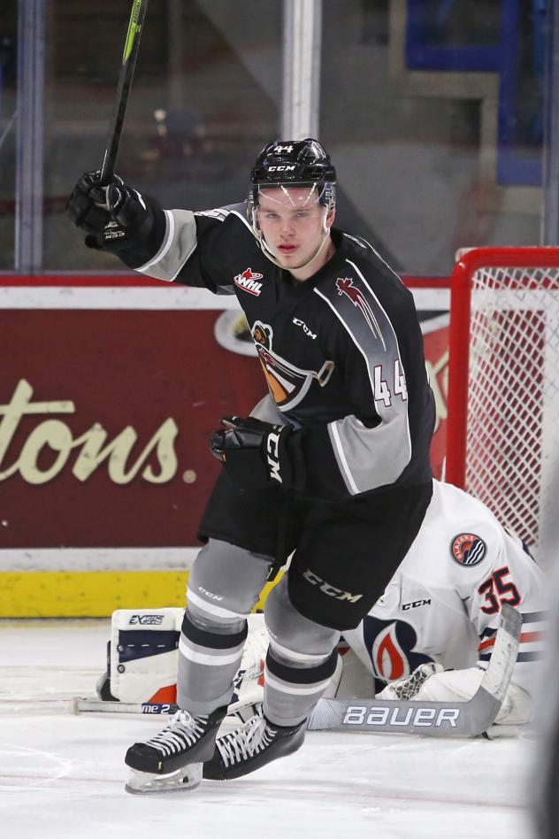 Vancouver Giants defenceman Bowen Byram celebrates a goal against the Kamloops Blazers