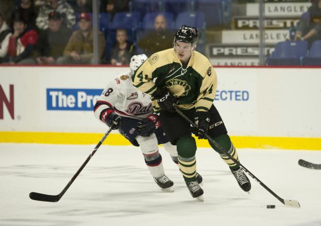 Vancouver Giants defenceman Bowen Byram skates against the Regina Pats