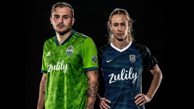 Sounders FC forward Jordan Morris and Reign FC Forward/Midfielder Beverly Yanez in Zulily-sponsored kits