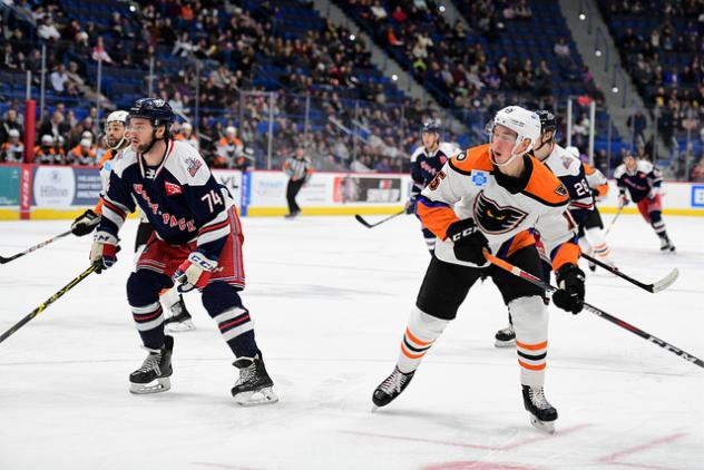 Lehigh Valley Phantoms center Mikhail Vorobyev (right) vs. the Hartford Wolf Pack