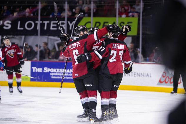 Vancouver Giants celebrate a goal against the Spokane Chiefs