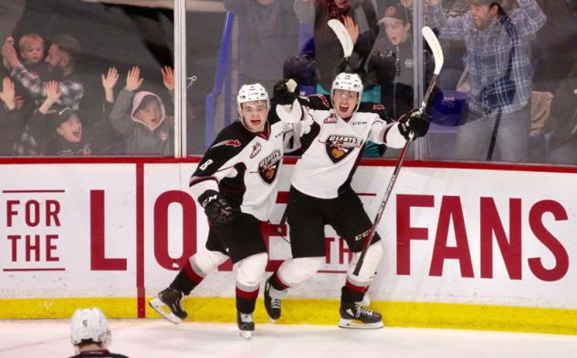 Vancouver Giants right wing Davis Koch celebrates his game-winner against the Moose Jaw Warriors