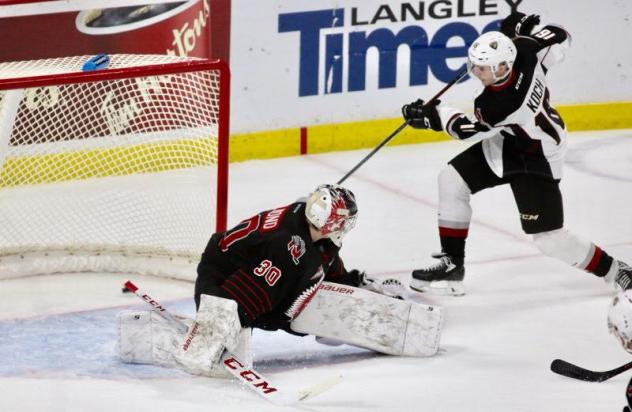 Vancouver Giants right wing Davis Koch scores the game-winning goal against the Moose Jaw Warriors