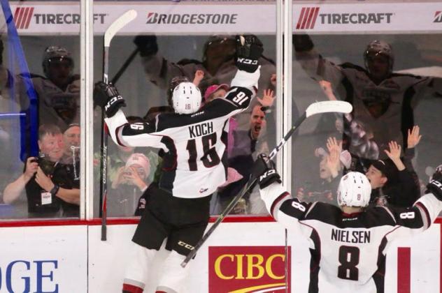 Vancouver Giants right wing Davis Koch celebrates against the Moose Jaw Warriors