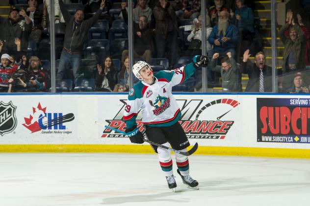 Kelowna Rockets left wing Nolan Foote celebrates a goal