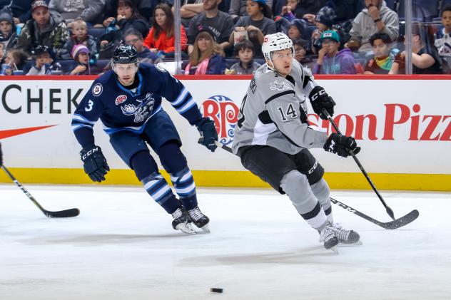 Austin Poganski of the San Antonio Rampage and Manitoba Moose defenseman Tucker Poolman