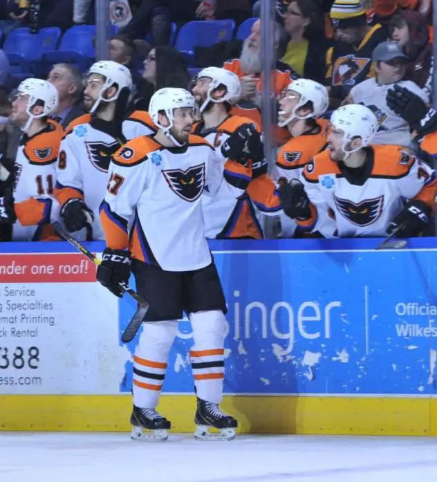Lehigh Valley Phantoms forward Mike Huntebrinker receives congratulations from the bench after his goal