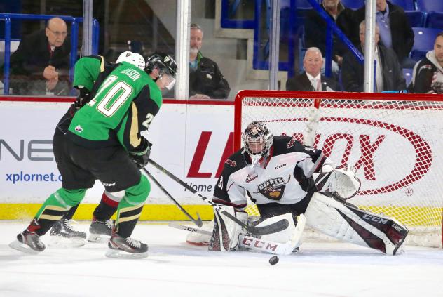Vancouver Giants goaltender Trent Miner faces the Prince Albert Raiders