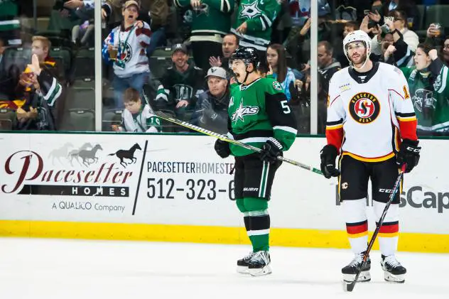 Texas Stars defenseman Connor Carrick celebrates his goal against the Stockton Heat
