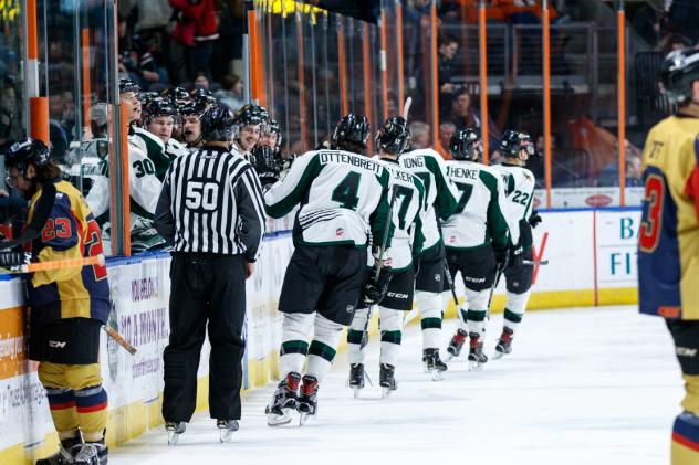 Utah Grizzlies exchange congratulations along the bench following a goal