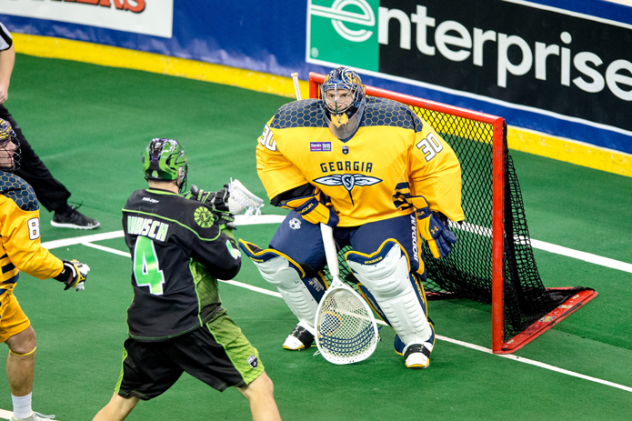 Georgia Swarm goaltender Mike Poulin stands strong against the Saskatchewan Rush