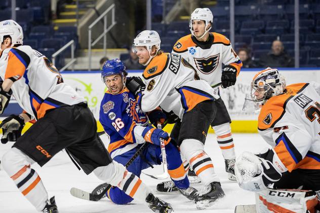 Lehigh Valley Phantoms defenseman Philip Samuelsson hits the Bridgeport Sound Tigers
