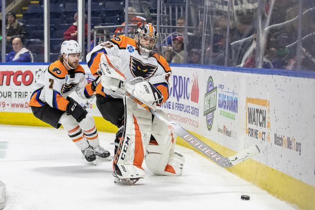 Lehigh Valley Phantoms goaltender Carter Hart handles a puck behind the net
