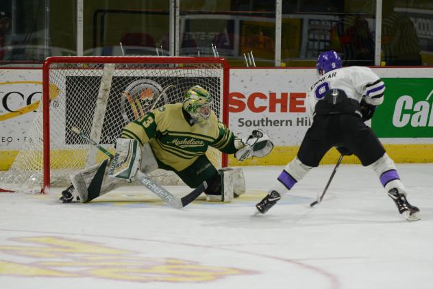 Asa Kinnear of the Tri-City Storm scores in a shootout against the Sioux City Musketeers