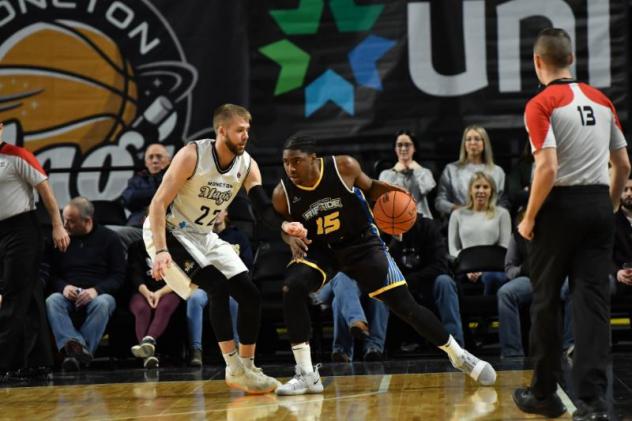 Saint John Riptide goard Frank Bartley looks for an opening against the Moncton Magic