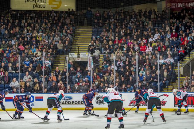 A big crowd watches the Kelowna Rockets vs. the Kamloops Blazers at Prospera Place