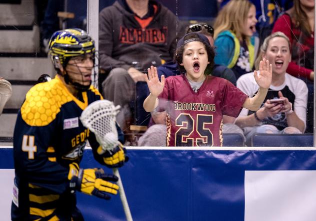 A Georgia Swarm fan cheers on Lyle Thompson