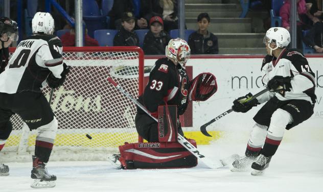 Justin Sourdif of the Vancouver Giants (right) scores against the Prince George Cougars
