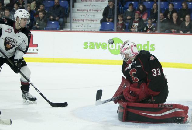 Milos Roman of the Vancouver Giants shoots against the Prince George Cougars