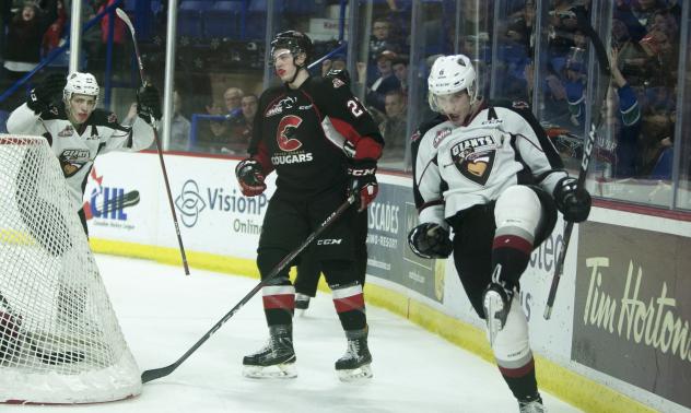 Dylan Plouffe of the Vancovuer Giants celebrates a goal vs. the Prince George Cougars