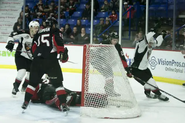 Milos Roman and the Vancouver Giants celebrate a goal against the Prince George Cougars