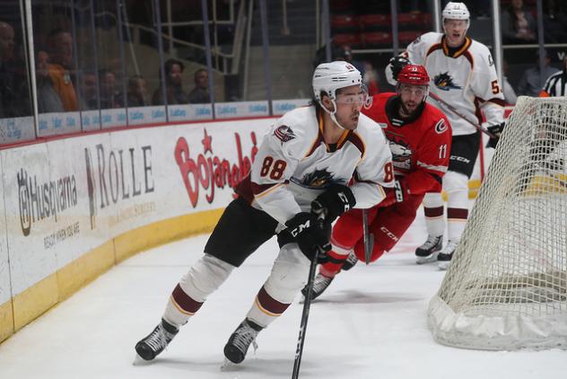 Cleveland Monsters right wing Kole Sherwood against the Charlotte Checkers