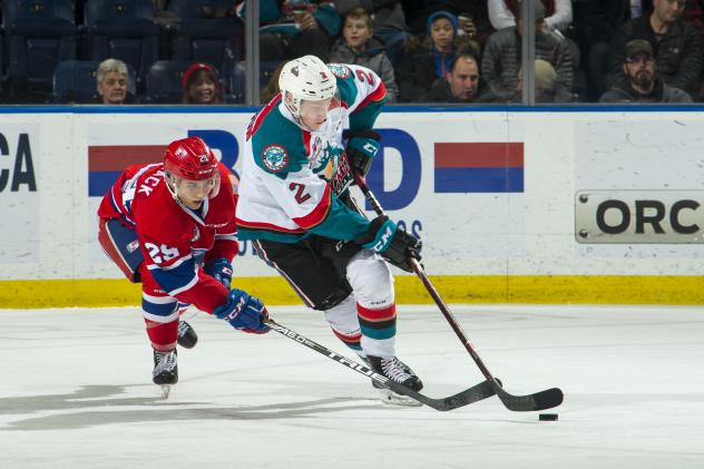 Kelowna Rockets defenceman Lassi Thomson handles the puck against the Spokane Chiefs