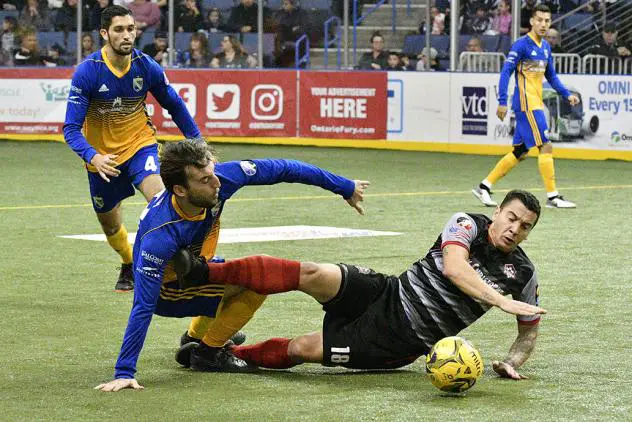 Ontario Fury defender Thiago Goncalves (right) battles the San Diego Sockers for possession