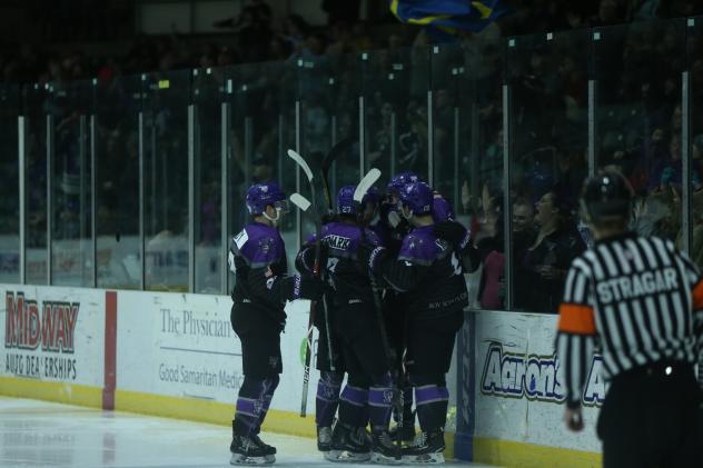 Tri-City Storm celebrates a goal against the Green Bay Gamblers