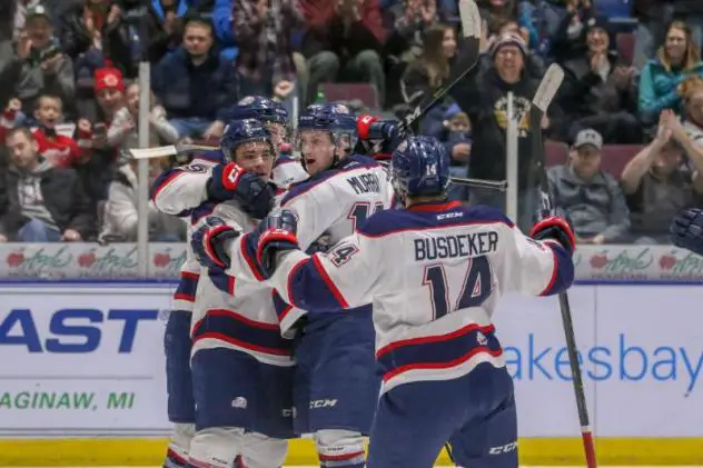 Saginaw Spirit exchange congratulations after a goal