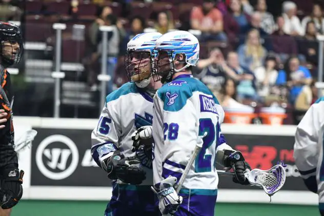 Rochester Knighthawks conference after a goal