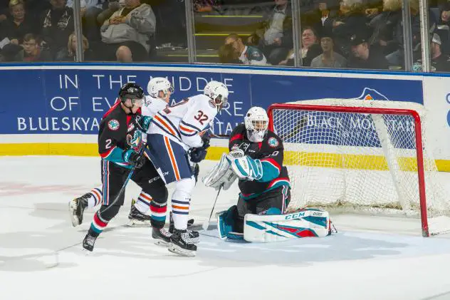 Kelowna Rockets goaltender Roman Basran stops the Kamloops Blazers