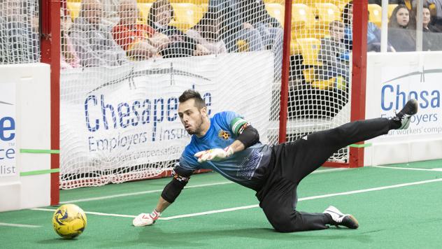 Baltimore Blast goalkeeper William Vanzela dives for a loose ball