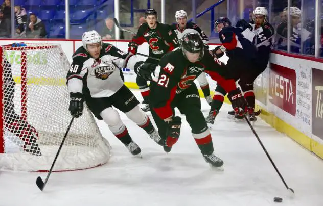 Vancouver Giants centre Milos Roman squeezes around the net in pursuit of a Prince George Cougar